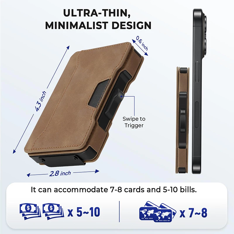 Minimalist Mens Wallet with Money Clip, Aluminum Pop Up Card Case and Leather Slots Credit Card Holder RFID Blocking Wallet
