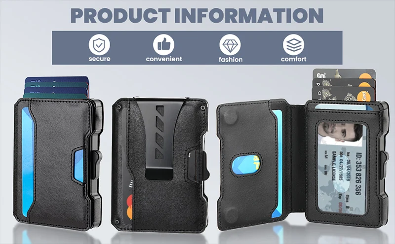Minimalist Mens Wallet with Money Clip, Aluminum Pop Up Card Case and Leather Slots Credit Card Holder RFID Blocking Wallet
