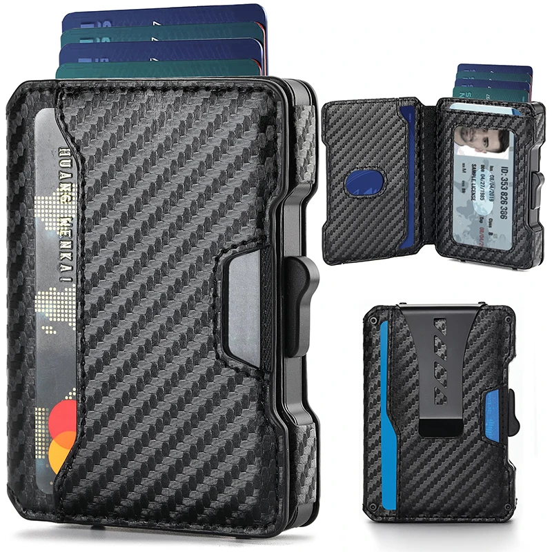 Minimalist Mens Wallet with Money Clip, Aluminum Pop Up Card Case and Leather Slots Credit Card Holder RFID Blocking Wallet
