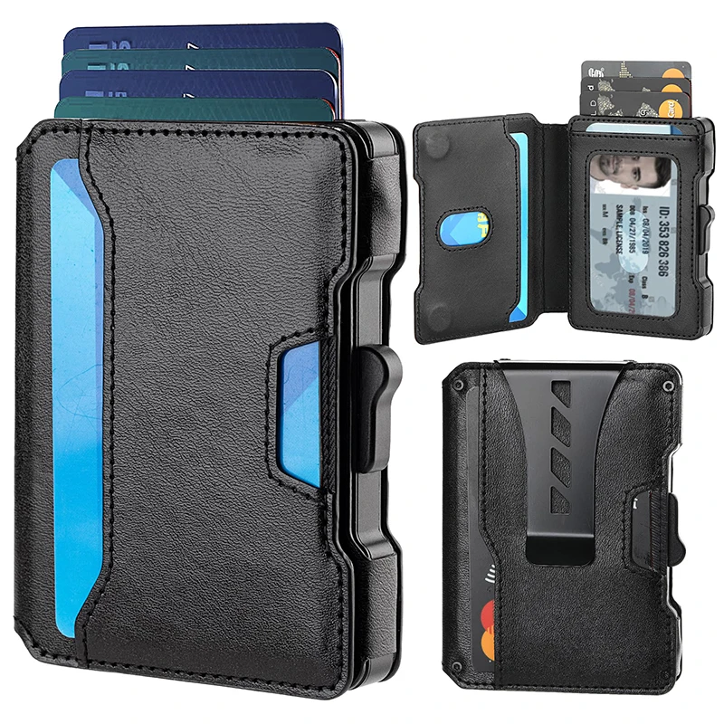 Minimalist Mens Wallet with Money Clip, Aluminum Pop Up Card Case and Leather Slots Credit Card Holder RFID Blocking Wallet