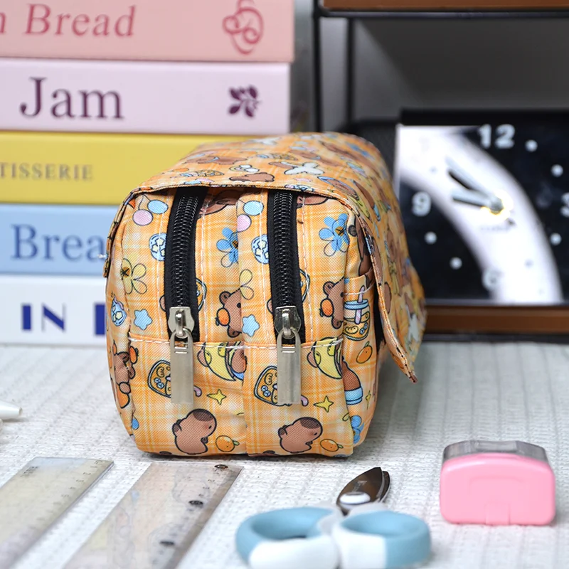 Kawaii Animal Capybara Cosmetic Case Pencil Bag Double Layers Stationery Makeup Bag Large Capacity Pencil Box School Supplies
