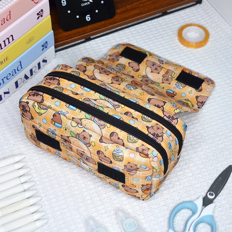 Kawaii Animal Capybara Cosmetic Case Pencil Bag Double Layers Stationery Makeup Bag Large Capacity Pencil Box School Supplies