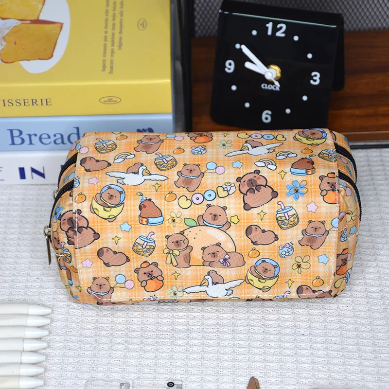 Kawaii Animal Capybara Cosmetic Case Pencil Bag Double Layers Stationery Makeup Bag Large Capacity Pencil Box School Supplies