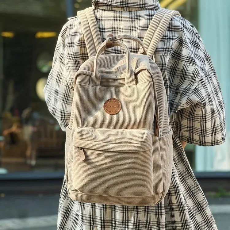 Casual Corduroy Backpack for Teens, 14 Laptop Compartment, High School & College Bag with Zipper Pocket, Backpacks for School