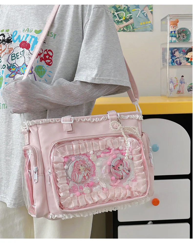 Japan Style Preppy Messenger Bag with Cute Bow Anime Shoulder Crossbody Bag For Sweet JK Girls Tote Bag