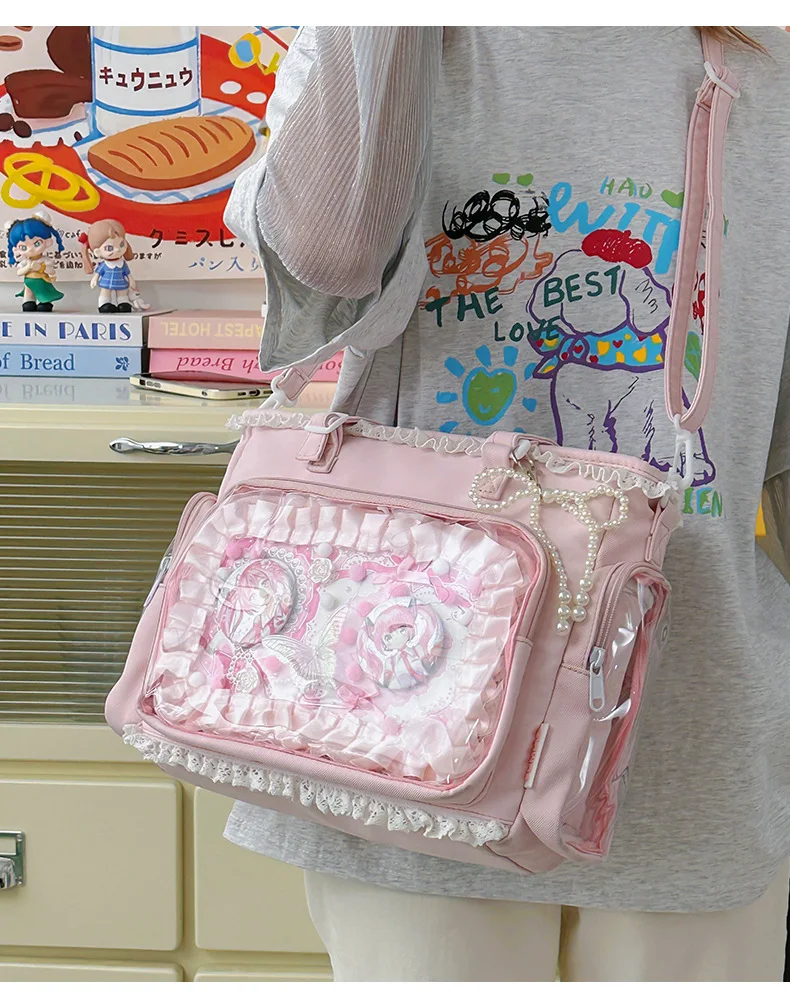 Japan Style Preppy Messenger Bag with Cute Bow Anime Shoulder Crossbody Bag For Sweet JK Girls Tote Bag