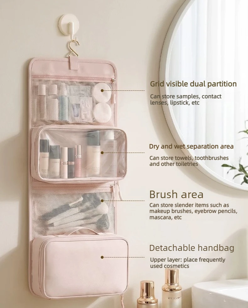 Large Capacity Hanging Toiletry Bag for Women, Waterproof Travel Cosmetic Organizer with Dry Wet Separation Folding Wash Pouch