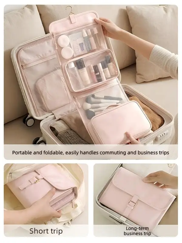 Large Capacity Hanging Toiletry Bag for Women, Waterproof Travel Cosmetic Organizer with Dry Wet Separation Folding Wash Pouch