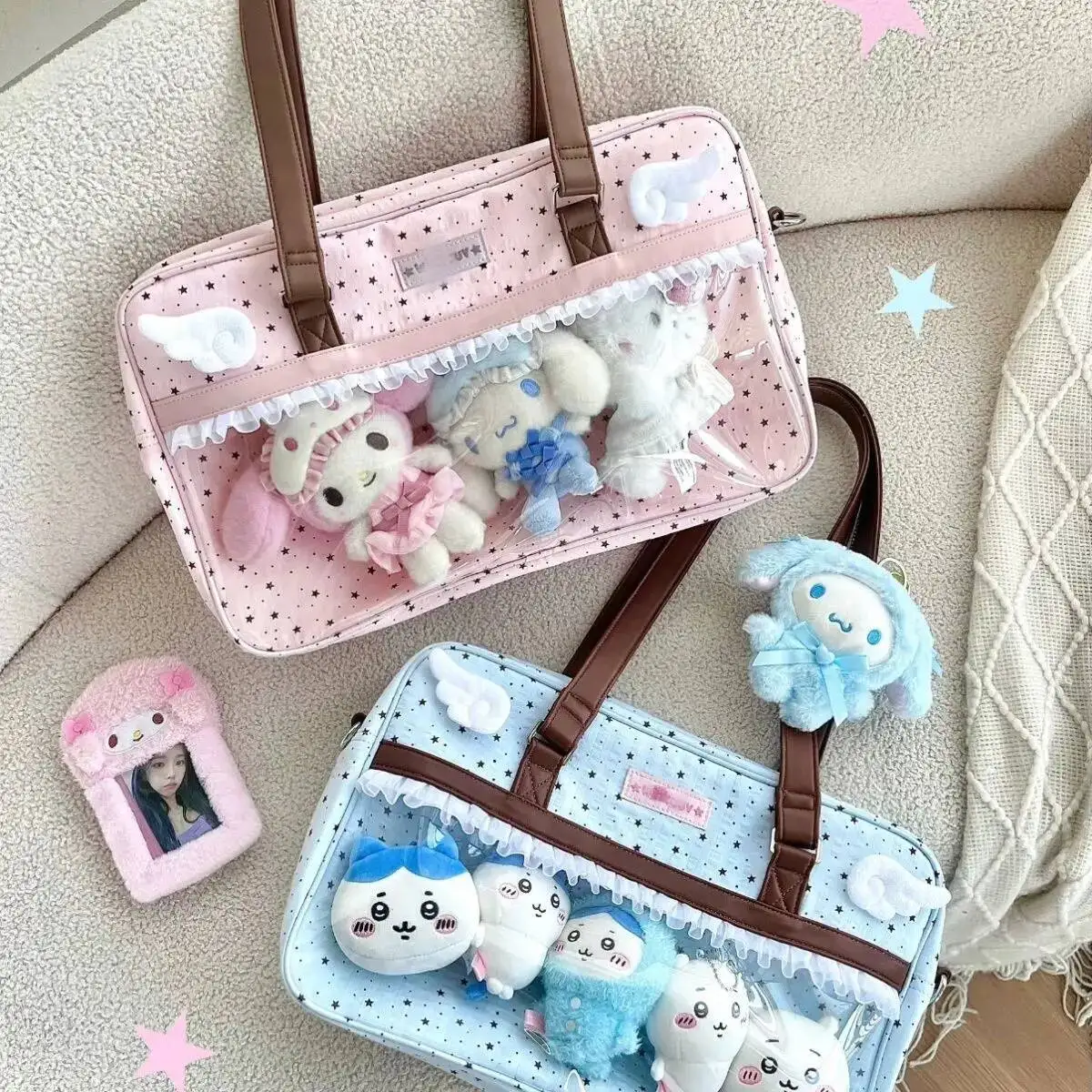New Cute Large Capacity Lace Ita Bag Lolita Girls Transparent Pocket Y2k DIY Badge Display Shoulder Bag Casual Polka Dot Handbag