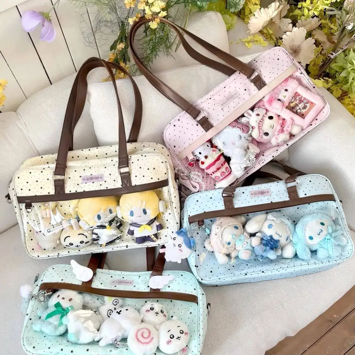 New Cute Large Capacity Lace Ita Bag Lolita Girls Transparent Pocket Y2k DIY Badge Display Shoulder Bag Casual Polka Dot Handbag