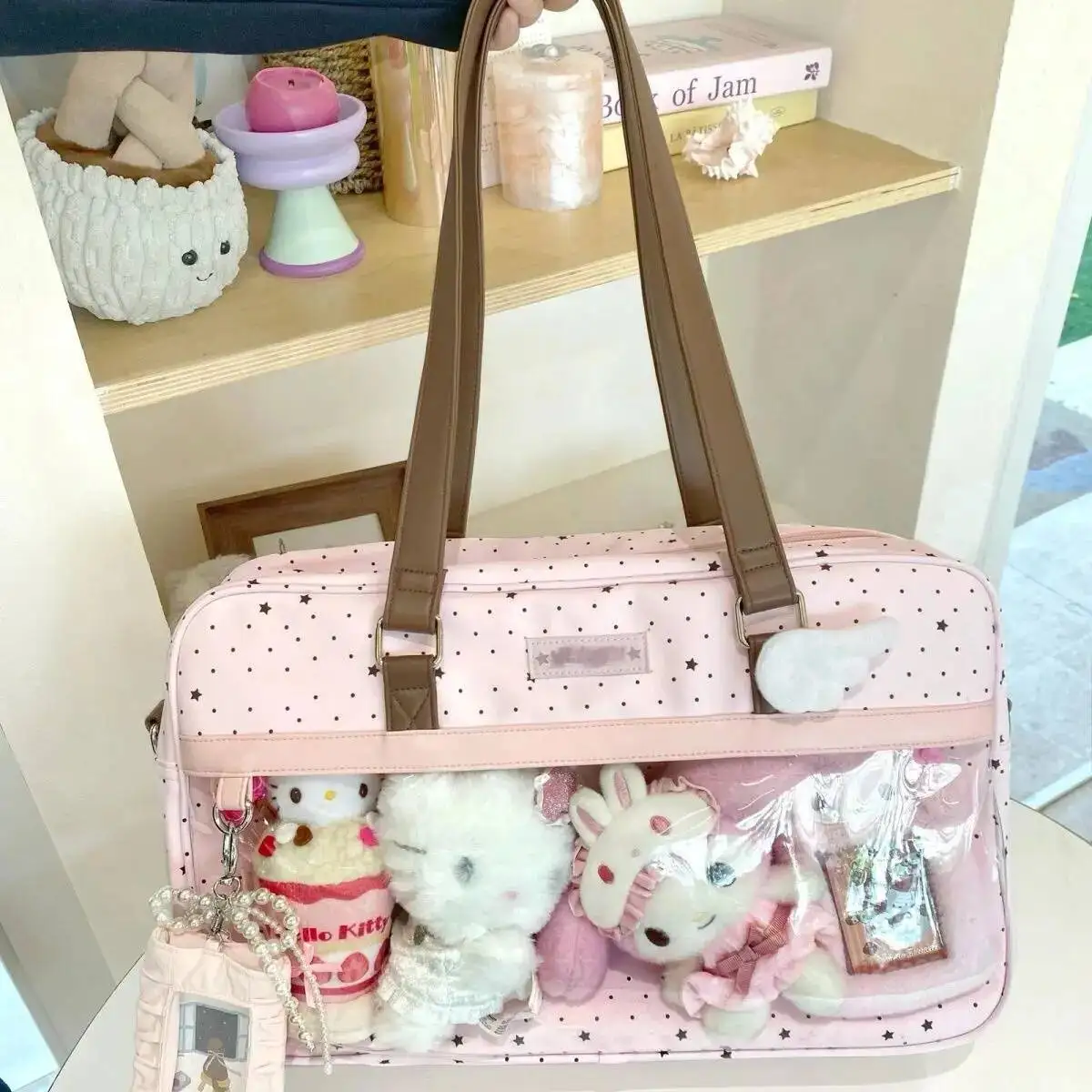 New Cute Large Capacity Lace Ita Bag Lolita Girls Transparent Pocket Y2k DIY Badge Display Shoulder Bag Casual Polka Dot Handbag