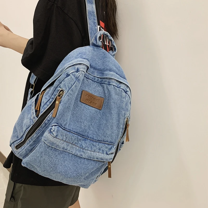 1 Pcs Fashionable New Style Simple And Trendy Backpack Large Capacity Durable Denim Bag Student Bag