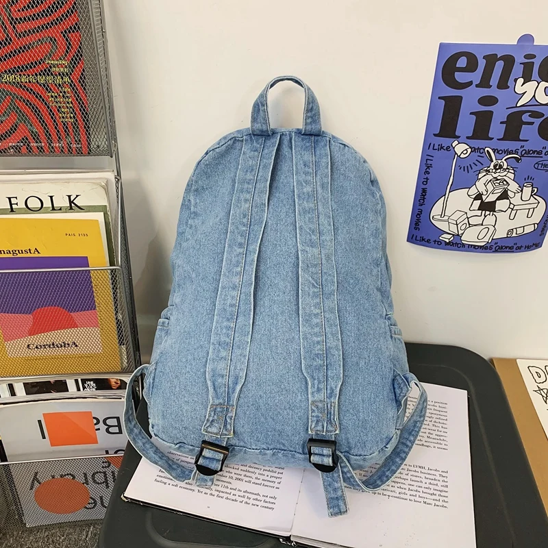 1 Pcs Fashionable New Style Simple And Trendy Backpack Large Capacity Durable Denim Bag Student Bag