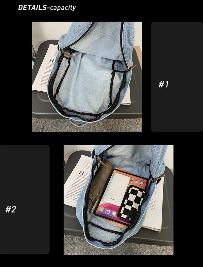 1 Pcs Fashionable New Style Simple And Trendy Backpack Large Capacity Durable Denim Bag Student Bag
