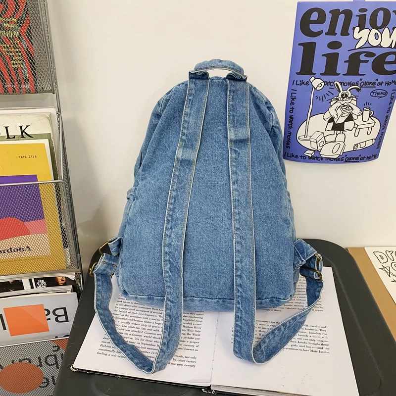 1 Pcs Fashionable New Style Simple And Trendy Backpack Large Capacity Durable Denim Bag Student Bag