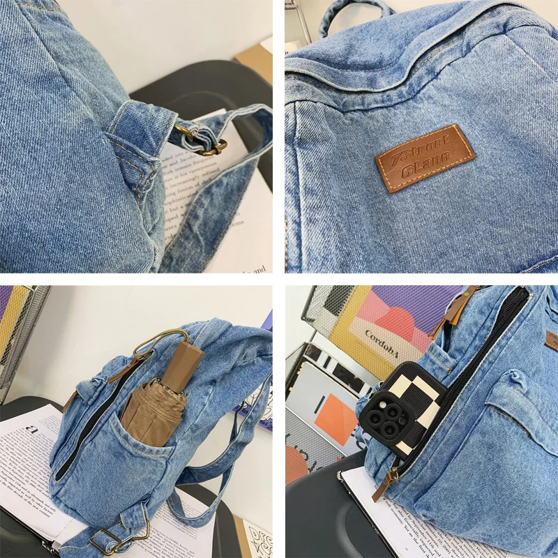 1 Pcs Fashionable New Style Simple And Trendy Backpack Large Capacity Durable Denim Bag Student Bag