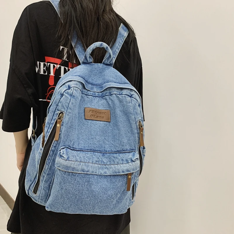 1 Pcs Fashionable New Style Simple And Trendy Backpack Large Capacity Durable Denim Bag Student Bag