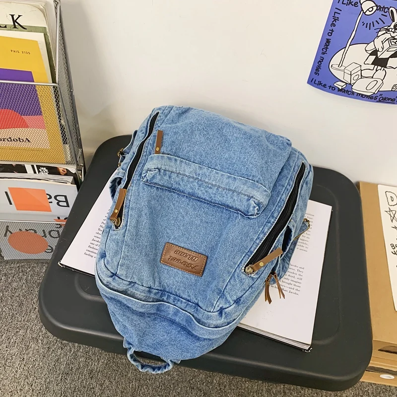 1 Pcs Fashionable New Style Simple And Trendy Backpack Large Capacity Durable Denim Bag Student Bag