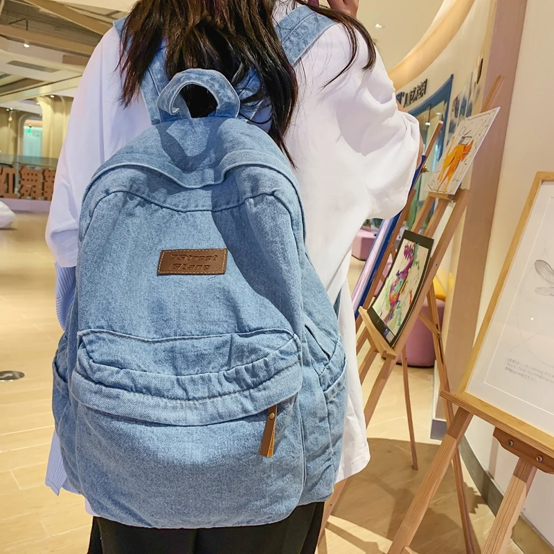 1 Pcs Fashionable New Style Simple And Trendy Backpack Large Capacity Durable Denim Bag Student Bag