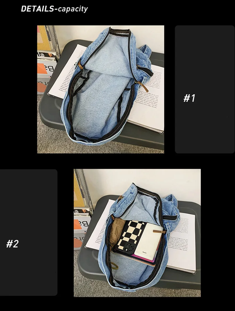 1 Pcs Fashionable New Style Simple And Trendy Backpack Large Capacity Durable Denim Bag Student Bag