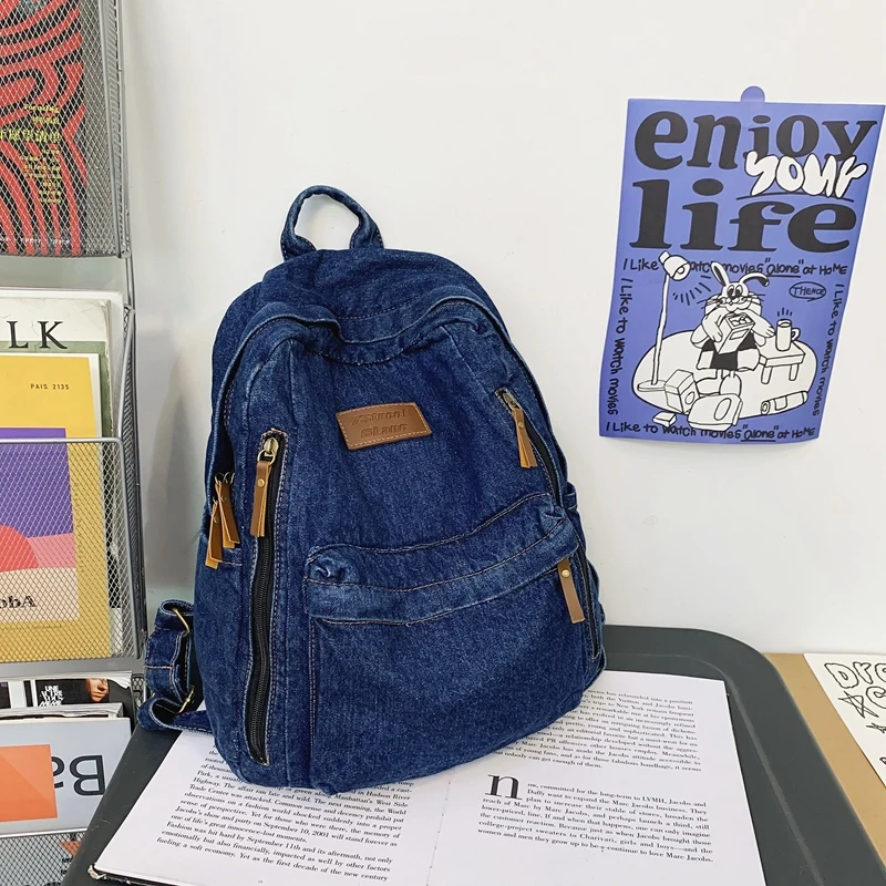 1 Pcs Fashionable New Style Simple And Trendy Backpack Large Capacity Durable Denim Bag Student Bag