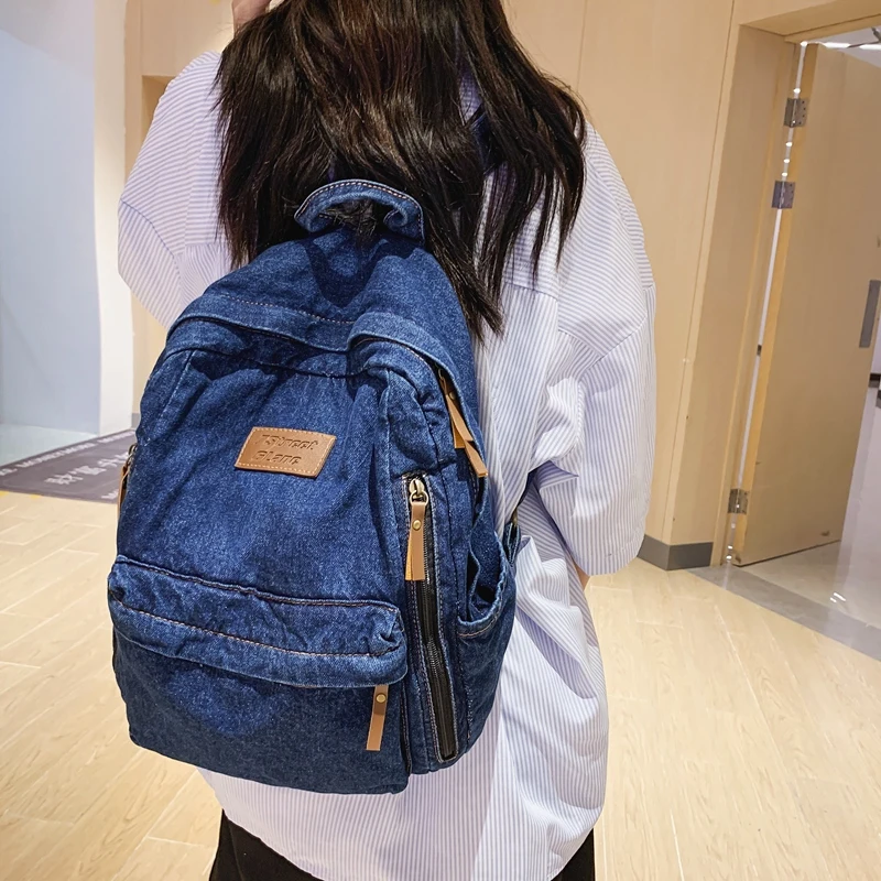 1 Pcs Fashionable New Style Simple And Trendy Backpack Large Capacity Durable Denim Bag Student Bag