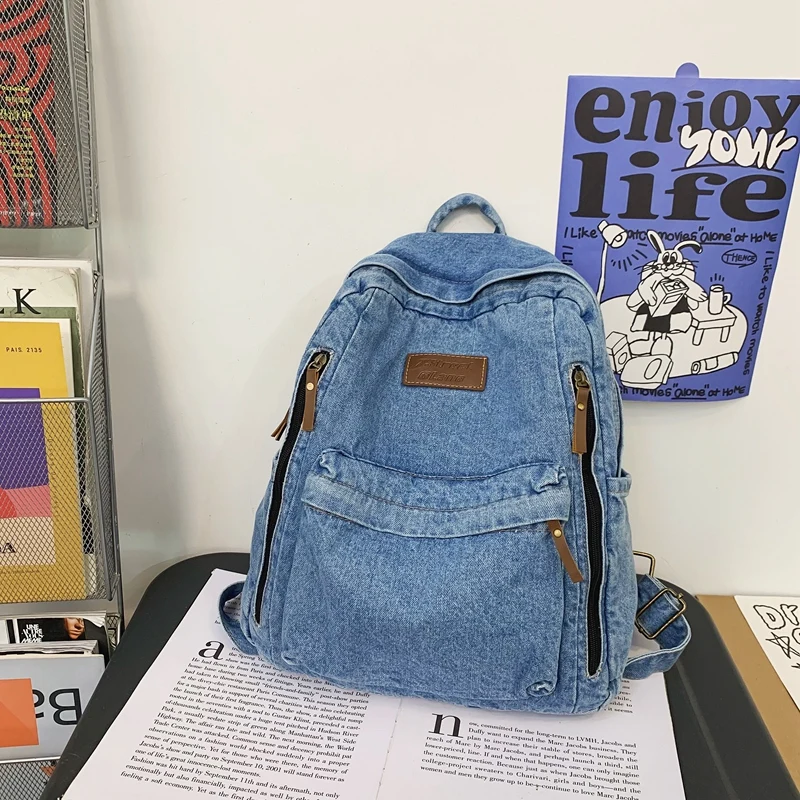 1 Pcs Fashionable New Style Simple And Trendy Backpack Large Capacity Durable Denim Bag Student Bag
