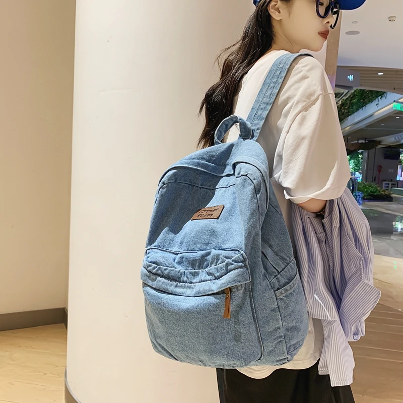 1 Pcs Fashionable New Style Simple And Trendy Backpack Large Capacity Durable Denim Bag Student Bag
