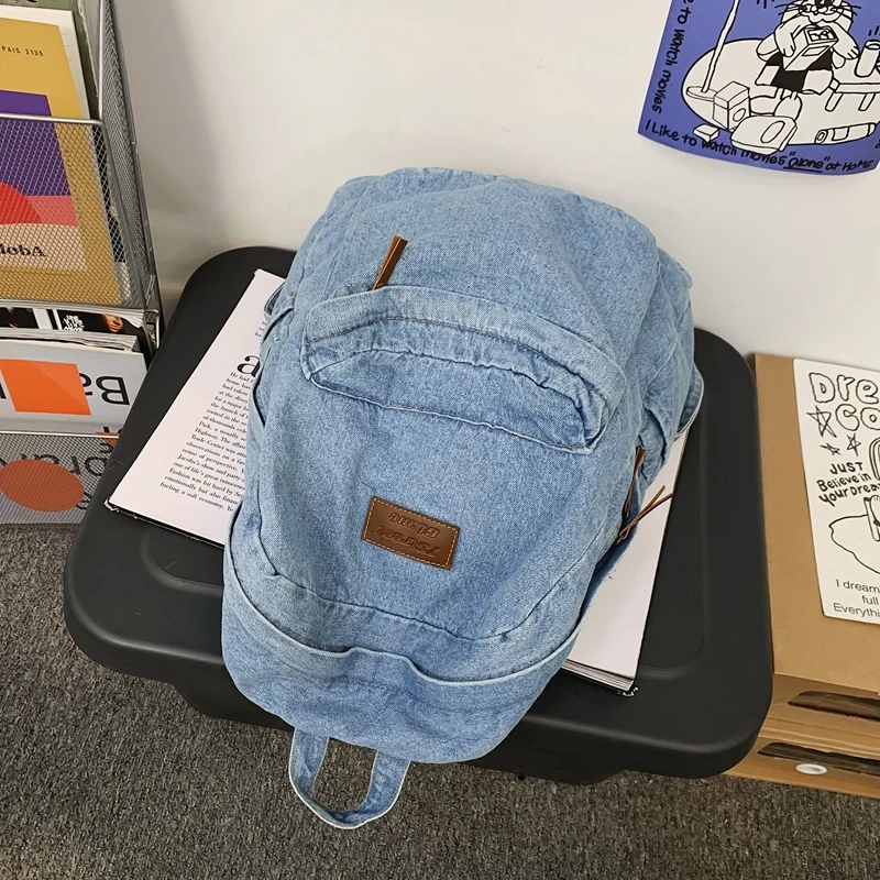 1 Pcs Fashionable New Style Simple And Trendy Backpack Large Capacity Durable Denim Bag Student Bag