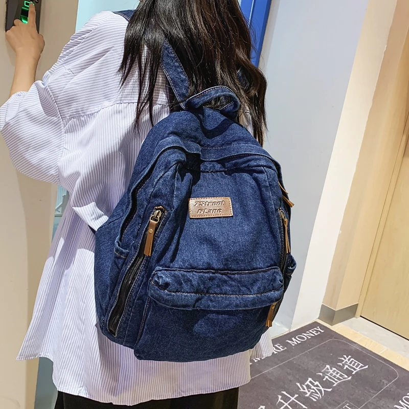 1 Pcs Fashionable New Style Simple And Trendy Backpack Large Capacity Durable Denim Bag Student Bag