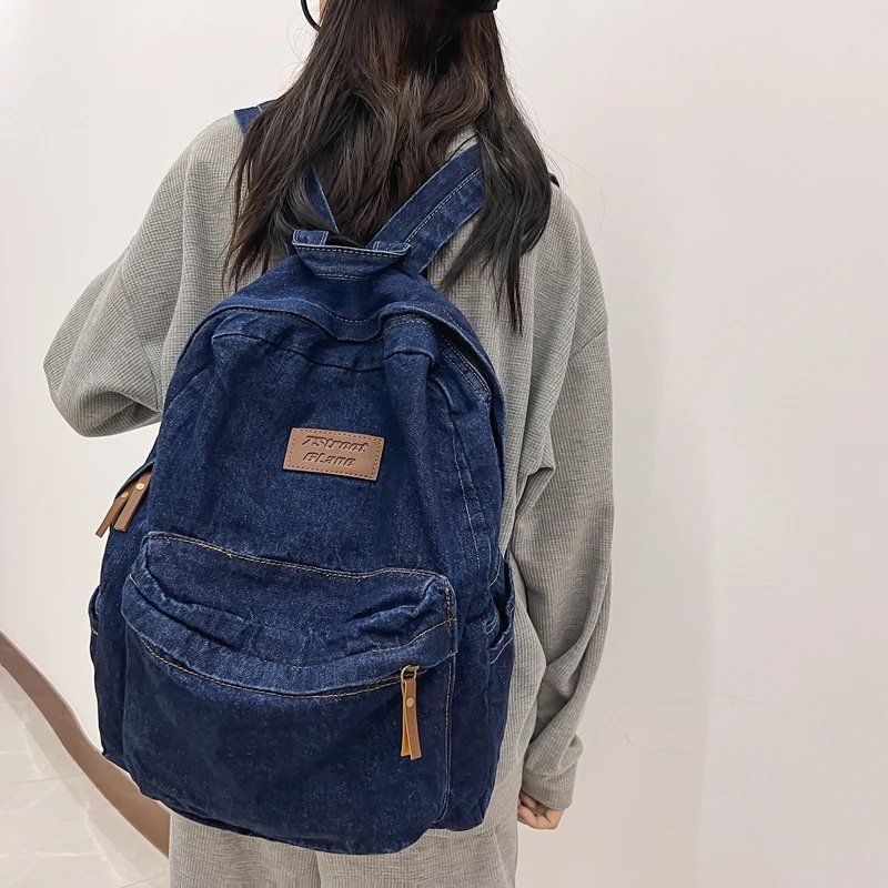 1 Pcs Fashionable New Style Simple And Trendy Backpack Large Capacity Durable Denim Bag Student Bag