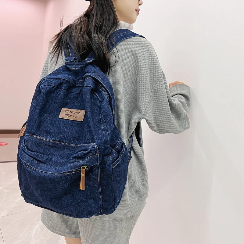 1 Pcs Fashionable New Style Simple And Trendy Backpack Large Capacity Durable Denim Bag Student Bag