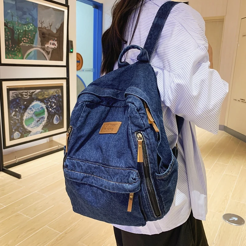 1 Pcs Fashionable New Style Simple And Trendy Backpack Large Capacity Durable Denim Bag Student Bag