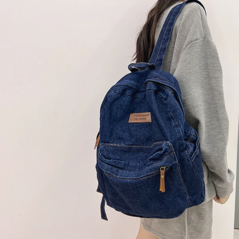 1 Pcs Fashionable New Style Simple And Trendy Backpack Large Capacity Durable Denim Bag Student Bag