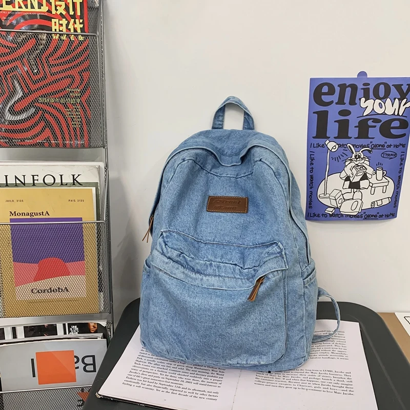 1 Pcs Fashionable New Style Simple And Trendy Backpack Large Capacity Durable Denim Bag Student Bag