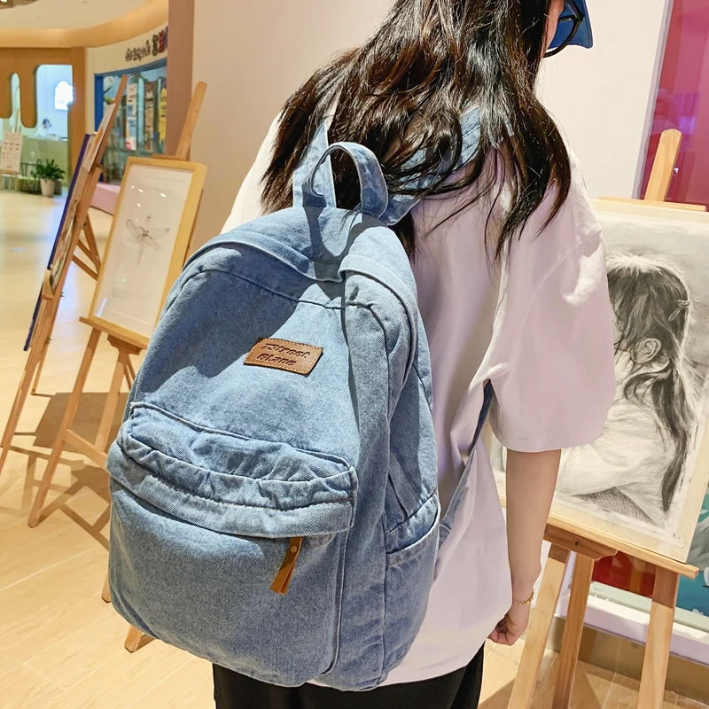 1 Pcs Fashionable New Style Simple And Trendy Backpack Large Capacity Durable Denim Bag Student Bag