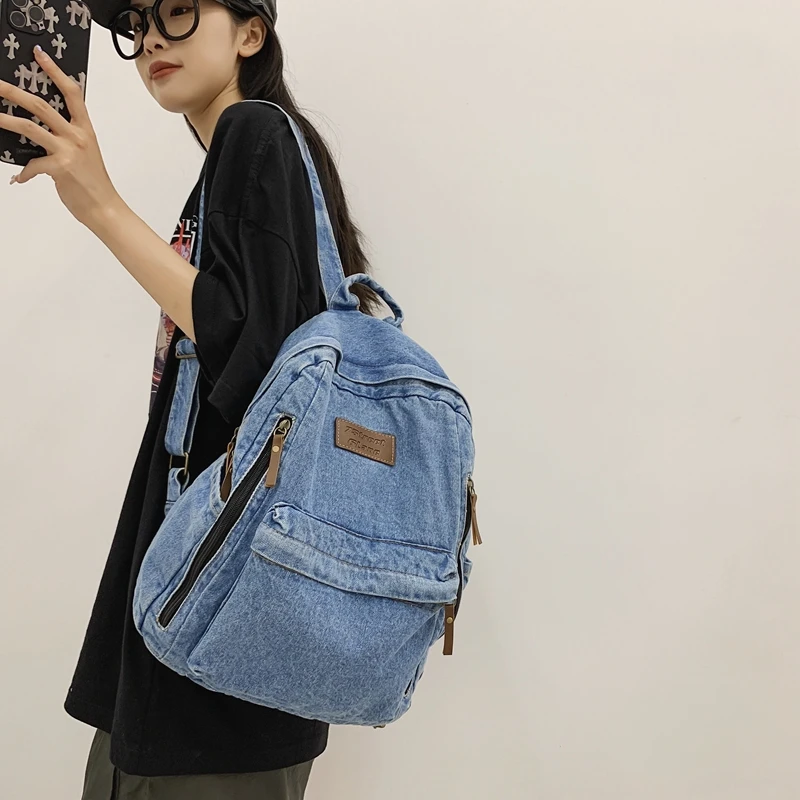 1 Pcs Fashionable New Style Simple And Trendy Backpack Large Capacity Durable Denim Bag Student Bag
