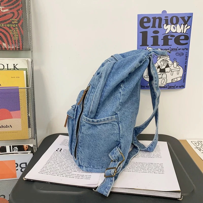 1 Pcs Fashionable New Style Simple And Trendy Backpack Large Capacity Durable Denim Bag Student Bag