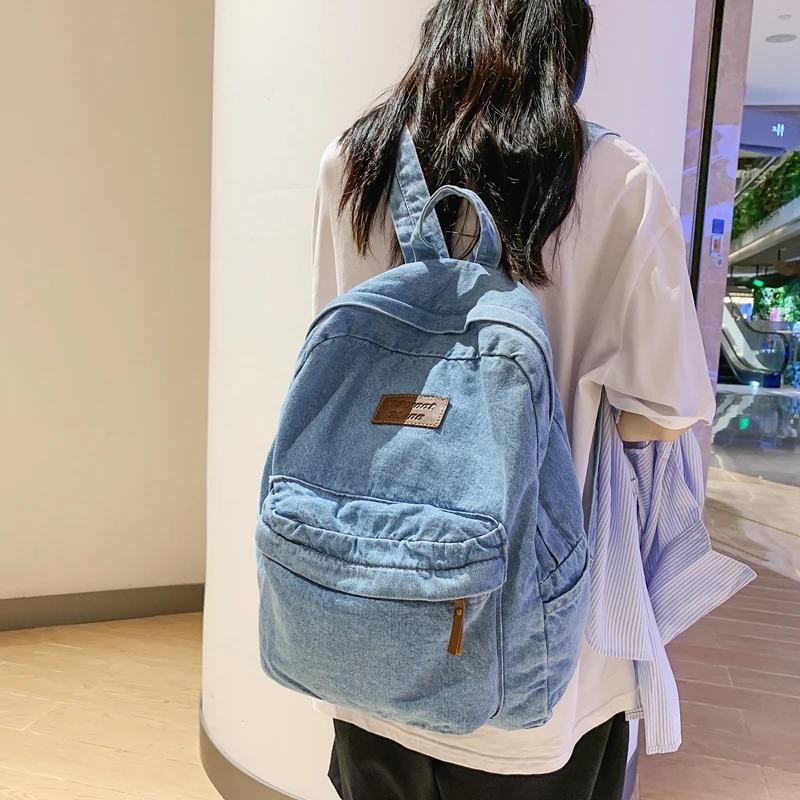 1 Pcs Fashionable New Style Simple And Trendy Backpack Large Capacity Durable Denim Bag Student Bag