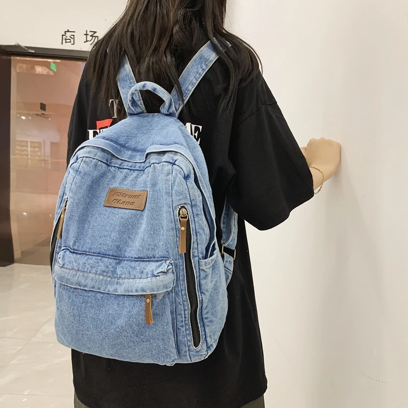 1 Pcs Fashionable New Style Simple And Trendy Backpack Large Capacity Durable Denim Bag Student Bag
