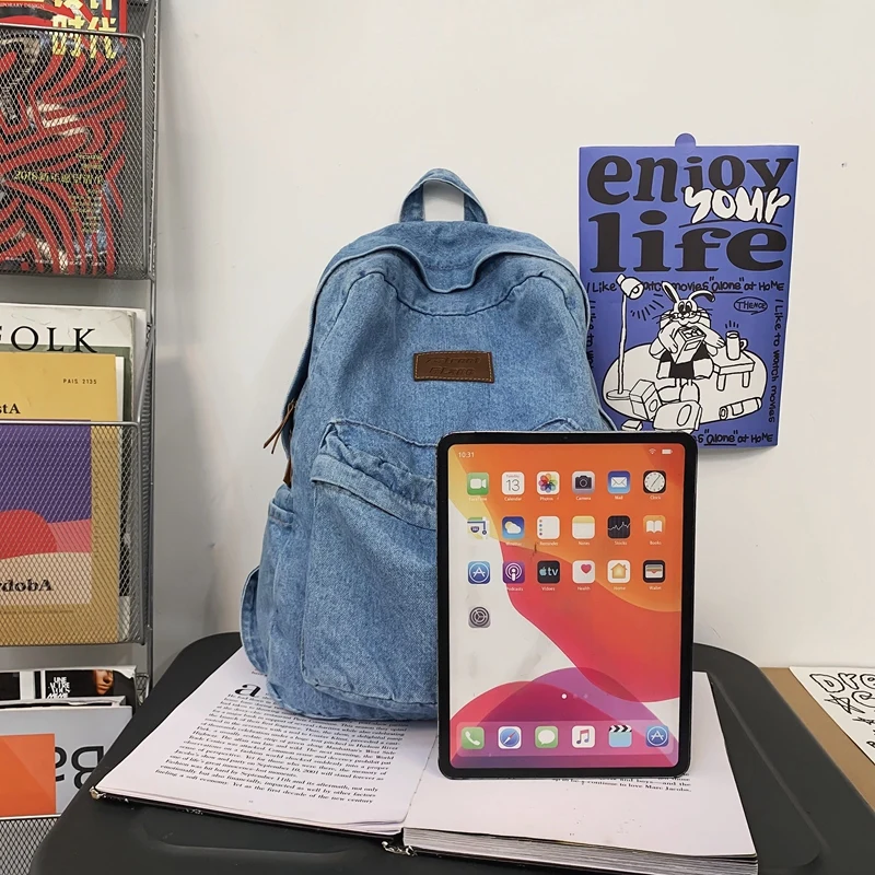 1 Pcs Fashionable New Style Simple And Trendy Backpack Large Capacity Durable Denim Bag Student Bag