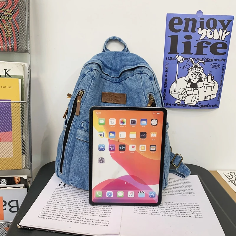 1 Pcs Fashionable New Style Simple And Trendy Backpack Large Capacity Durable Denim Bag Student Bag