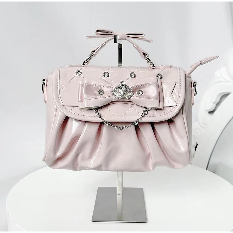 Elegant Pink Bow Rhinestone Underarm Bag, Sweet Lolita Pleated Shoulder Bag, Portable Bow Handle Handbag Cute Ita Purse