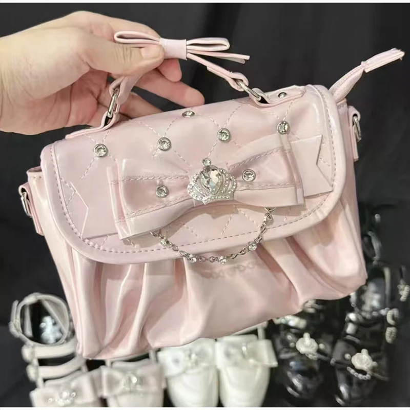 Elegant Pink Bow Rhinestone Underarm Bag, Sweet Lolita Pleated Shoulder Bag, Portable Bow Handle Handbag Cute Ita Purse