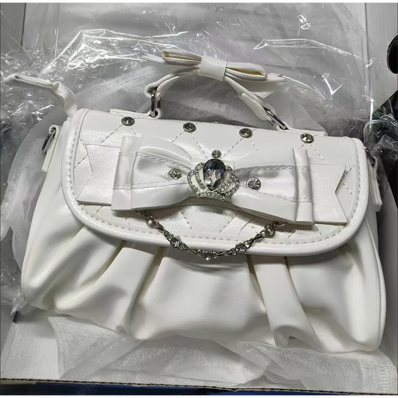 Elegant Pink Bow Rhinestone Underarm Bag, Sweet Lolita Pleated Shoulder Bag, Portable Bow Handle Handbag Cute Ita Purse