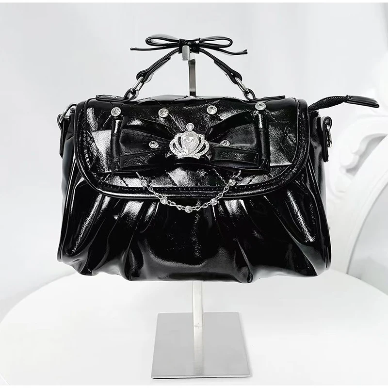 Elegant Pink Bow Rhinestone Underarm Bag, Sweet Lolita Pleated Shoulder Bag, Portable Bow Handle Handbag Cute Ita Purse