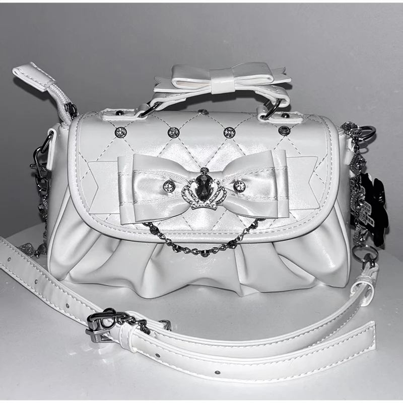Elegant Pink Bow Rhinestone Underarm Bag, Sweet Lolita Pleated Shoulder Bag, Portable Bow Handle Handbag Cute Ita Purse