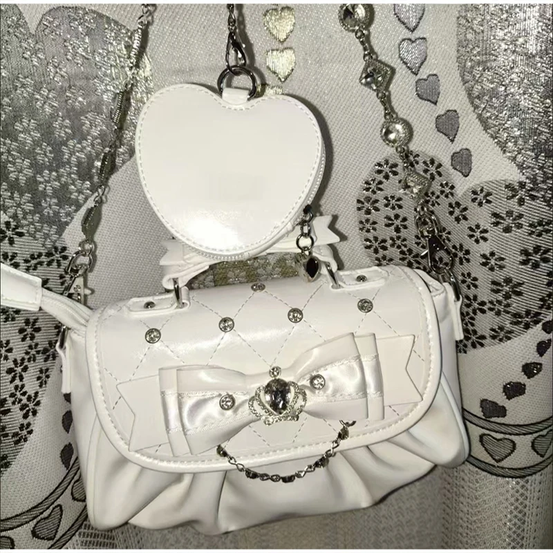 Elegant Pink Bow Rhinestone Underarm Bag, Sweet Lolita Pleated Shoulder Bag, Portable Bow Handle Handbag Cute Ita Purse
