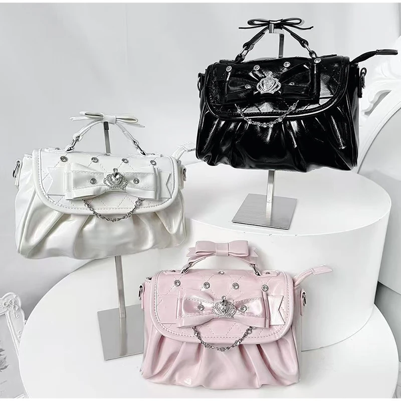 Elegant Pink Bow Rhinestone Underarm Bag, Sweet Lolita Pleated Shoulder Bag, Portable Bow Handle Handbag Cute Ita Purse