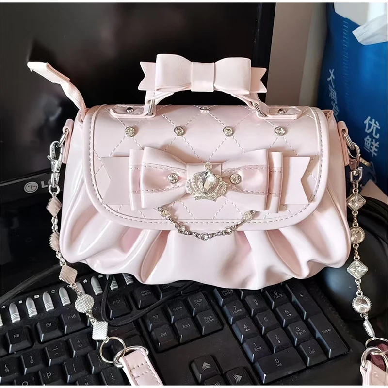 Elegant Pink Bow Rhinestone Underarm Bag, Sweet Lolita Pleated Shoulder Bag, Portable Bow Handle Handbag Cute Ita Purse